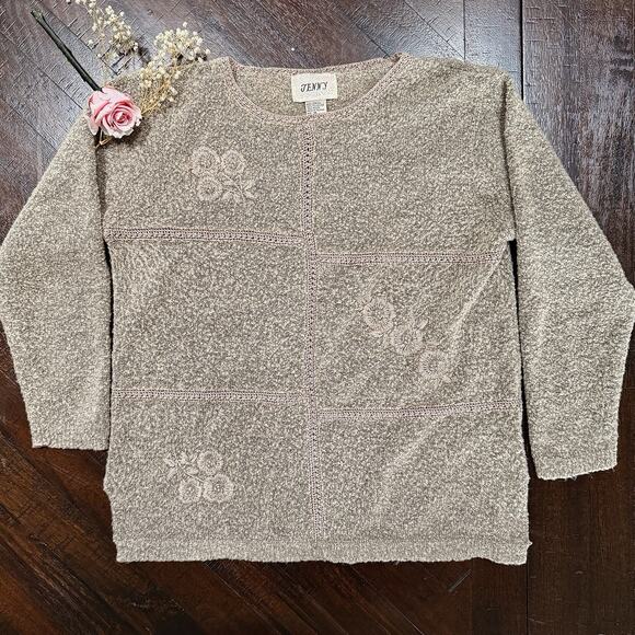 Vintage Jenny Boucle Sweater M Sage Gray Floral Embroidered Bead Cottagecore 90s - Picture 1 of 12